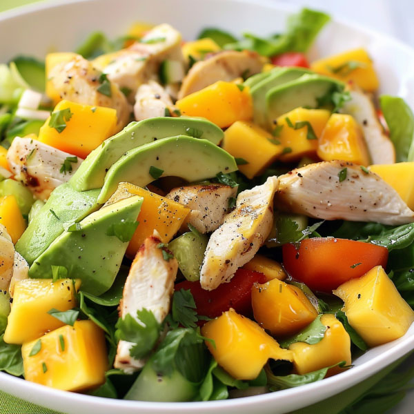 Fresh chicken mango avocado salad with grilled chicken, juicy mango chunks, creamy avocado, mixed greens, and a light dressing.