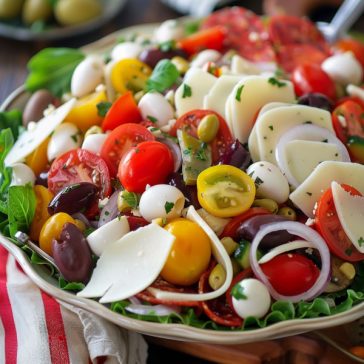 Antipasto salad – Colorful salad with cured meats, cheese, olives, and fresh vegetables.