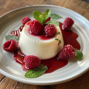 A glass cup of silky panna cotta topped with fresh berries and mint leaves, served on a white plate with a drizzle of berry sauce.