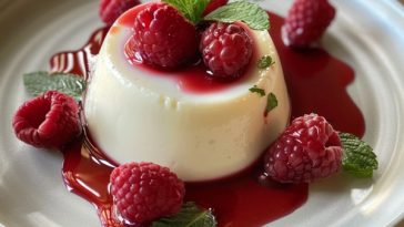 A glass cup of silky panna cotta topped with fresh berries and mint leaves, served on a white plate with a drizzle of berry sauce.