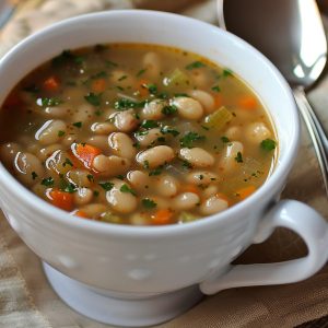 Hearty navy bean soup with tender beans, vegetables, and herbs simmered in a rich, savory broth.
