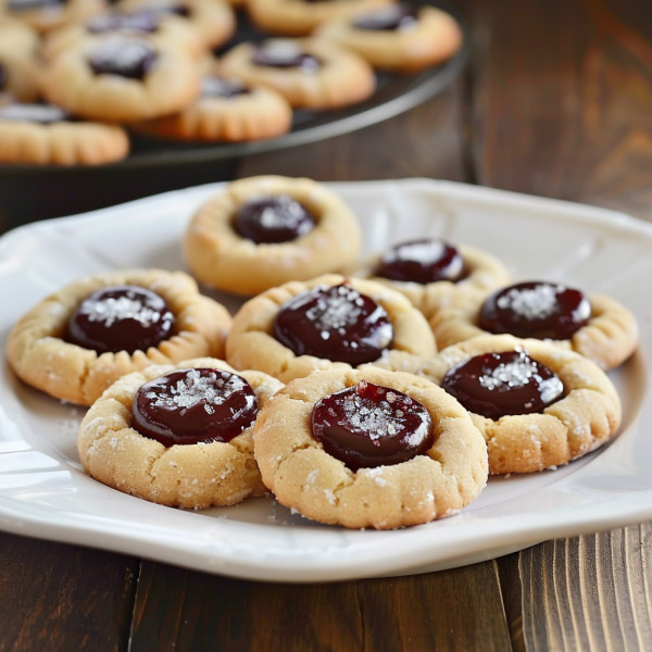 Buttery thumbprint cookies filled with jam centers and lightly dusted with powdered sugar.