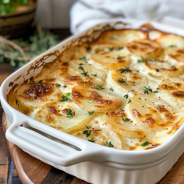 Creamy scalloped potatoes baked with layers of thinly sliced potatoes and rich sauce until golden.