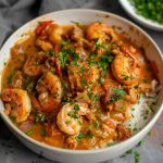 Cajun crawfish and shrimp étouffée with a rich, spicy sauce served over white rice.