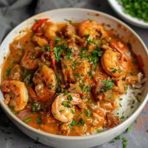 Cajun crawfish and shrimp étouffée with a rich, spicy sauce served over white rice.