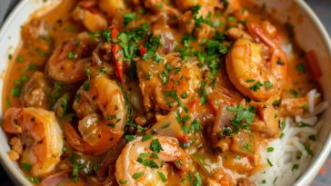 Cajun crawfish and shrimp étouffée with a rich, spicy sauce served over white rice.