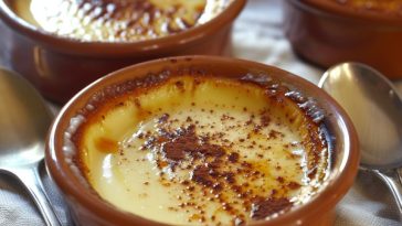Creamy Spanish natillas custard topped with cinnamon and a traditional biscuit.