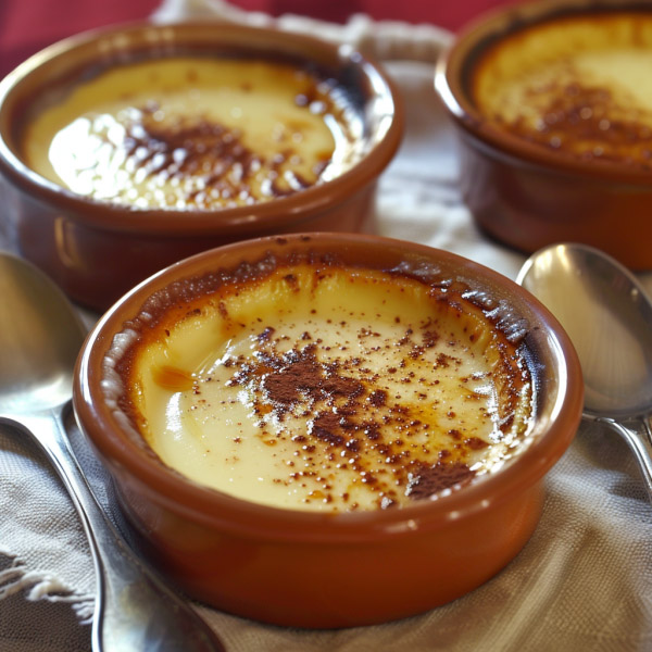 Creamy Spanish natillas custard topped with cinnamon and a traditional biscuit.