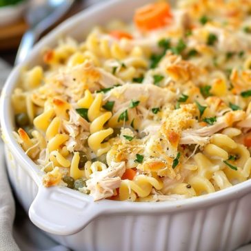 Creamy chicken noodle casserole baked with tender noodles and golden topping.