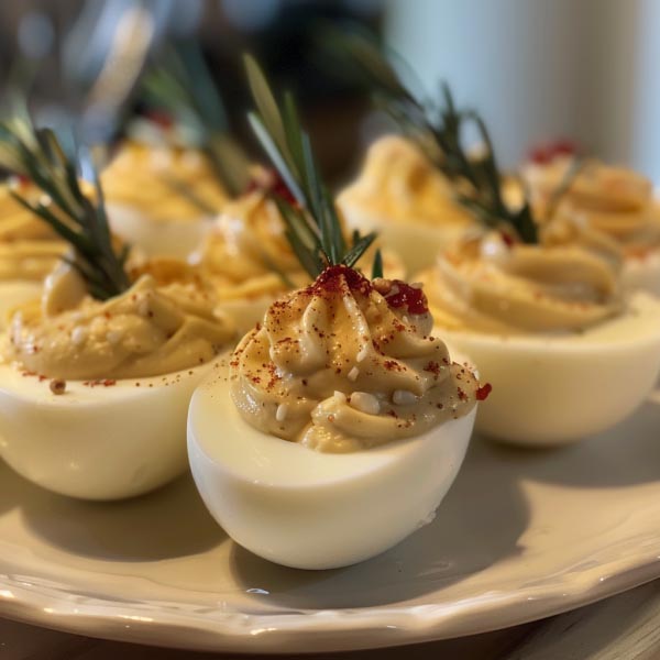 A platter of deviled eggs filled with a creamy yolk mixture, garnished with paprika, chives, and crispy bacon crumbles.