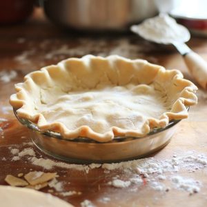 A golden, flaky homemade pie crust baked in a round dish, ready to be filled with sweet or savory ingredients.