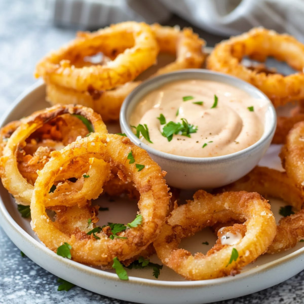 A basket of golden, crispy onion rings served with a creamy dipping sauce in a small bowl, garnished with parsley.