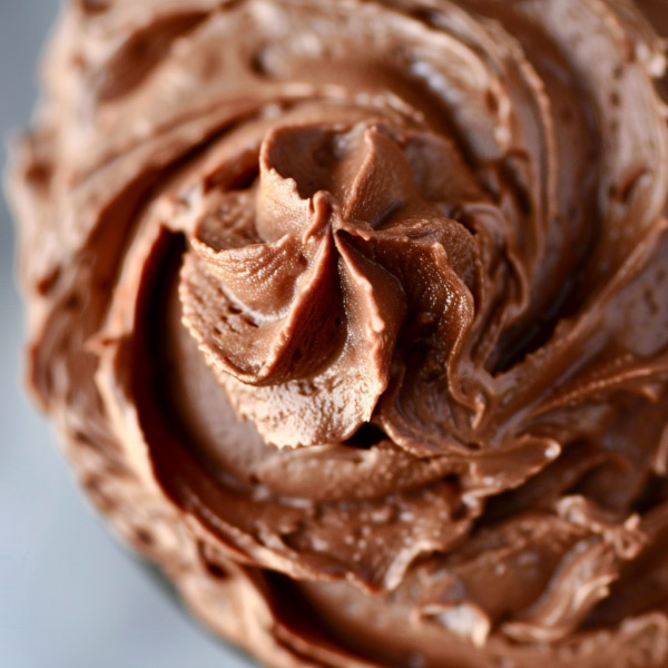 Bowl of creamy homemade chocolate buttercream frosting with swirls of rich texture