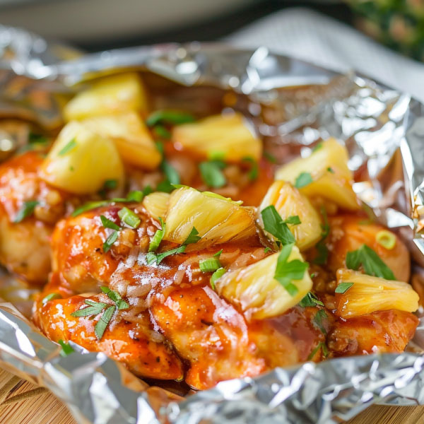 Juicy BBQ chicken foil pack with pineapple chunks, bell peppers, and sauce, cooked to perfection in a foil packet.