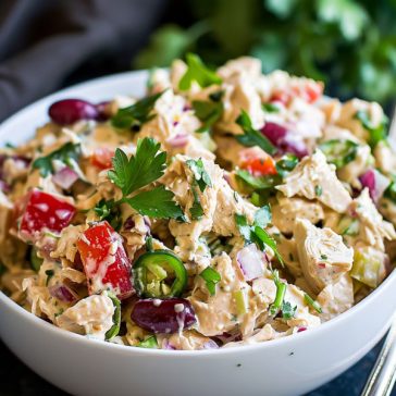 Classic creamy chicken salad served in a bowl with fresh herbs.