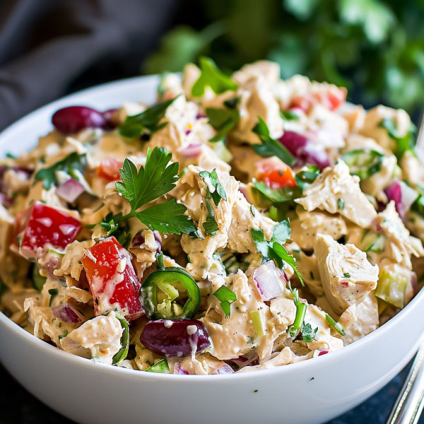 Classic creamy chicken salad served in a bowl with fresh herbs.