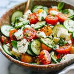 Fresh tomato cucumber mozzarella salad with juicy tomatoes, crisp cucumbers, and creamy mozzarella tossed in a light dressing.