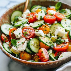 Fresh tomato cucumber mozzarella salad with juicy tomatoes, crisp cucumbers, and creamy mozzarella tossed in a light dressing.