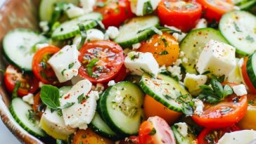 Fresh tomato cucumber mozzarella salad with juicy tomatoes, crisp cucumbers, and creamy mozzarella tossed in a light dressing.