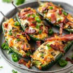 Crispy jalapeño poppers stuffed with creamy cheese filling and wrapped in smoky bacon, baked until golden.
