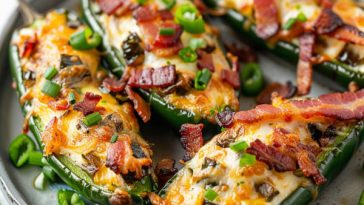 Crispy jalapeño poppers stuffed with creamy cheese filling and wrapped in smoky bacon, baked until golden.