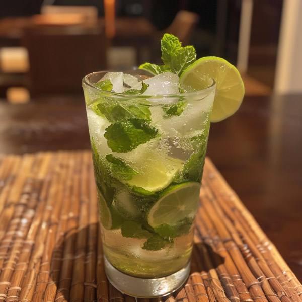 A refreshing glass of mojito cocktail with lime wedges, mint leaves, and ice cubes, served in a tall glass.