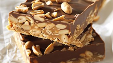 No-bake peanut bars with a smooth chocolate topping and creamy peanut butter base, sliced into squares and served on a plate.