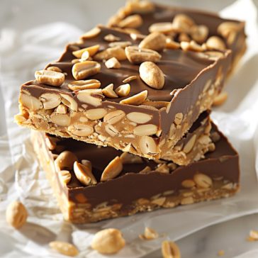 No-bake peanut bars with a smooth chocolate topping and creamy peanut butter base, sliced into squares and served on a plate.