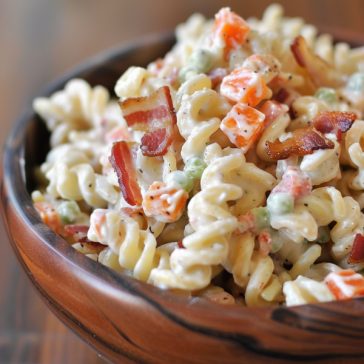Creamy bacon ranch pasta salad with pasta, bacon, and fresh vegetables.