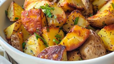 Golden crispy oven-roasted potatoes seasoned with herbs and garlic.