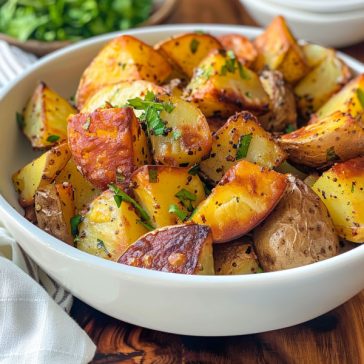 Golden crispy oven-roasted potatoes seasoned with herbs and garlic.