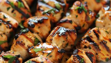 Grilled garlic chicken skewers with charred edges and herbs.