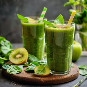 Refreshing green smoothie made with spinach, banana, and fruit blended into a creamy healthy drink in a glass.