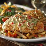 Juicy Monterey chicken topped with barbecue sauce, melted cheese, crispy bacon, and fresh herbs served on a plate.