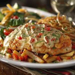 Juicy Monterey chicken topped with barbecue sauce, melted cheese, crispy bacon, and fresh herbs served on a plate.