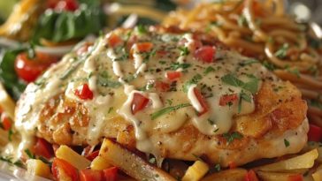 Juicy Monterey chicken topped with barbecue sauce, melted cheese, crispy bacon, and fresh herbs served on a plate.