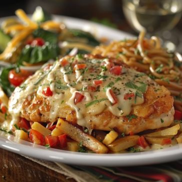 Juicy Monterey chicken topped with barbecue sauce, melted cheese, crispy bacon, and fresh herbs served on a plate.