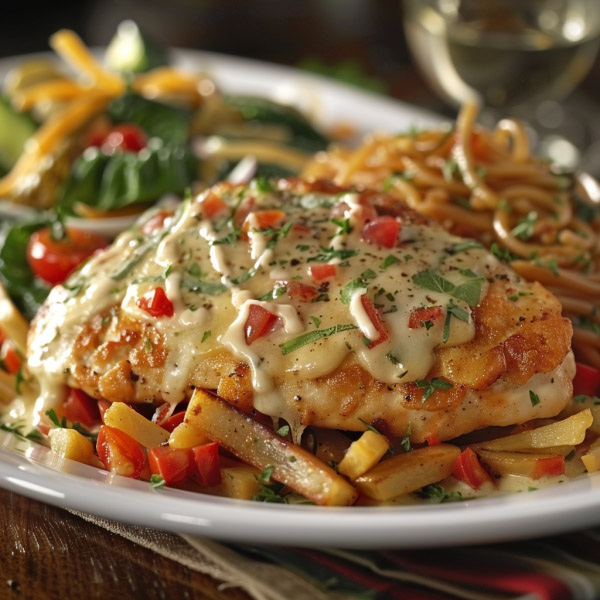 Juicy Monterey chicken topped with barbecue sauce, melted cheese, crispy bacon, and fresh herbs served on a plate.