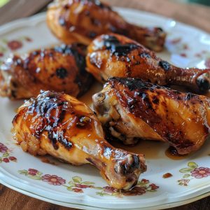 “Plate of Chinese-style marinated chicken drumsticks with sesame seeds and scallions served as an Asian dinner.”