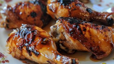 “Plate of Chinese-style marinated chicken drumsticks with sesame seeds and scallions served as an Asian dinner.”