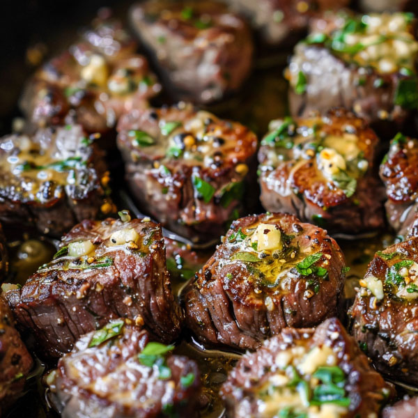 Juicy garlic butter steak bites seared to perfection in a skillet, coated in rich garlic butter and garnished with fresh herbs.