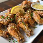 Crispy golden lemon pepper chicken wings served on a platter, garnished with fresh lemon slices and parsley.