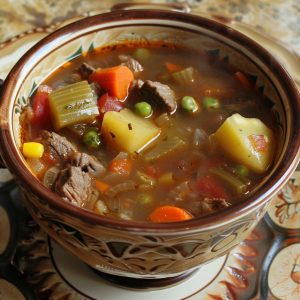 A steaming bowl of vegetable beef soup filled with tender beef chunks, carrots, potatoes, peas, and green beans in a rich broth, served with crusty bread.