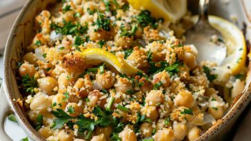 Hearty chickpea casserole with fresh herbs, lemon slices, and a light golden baked topping.