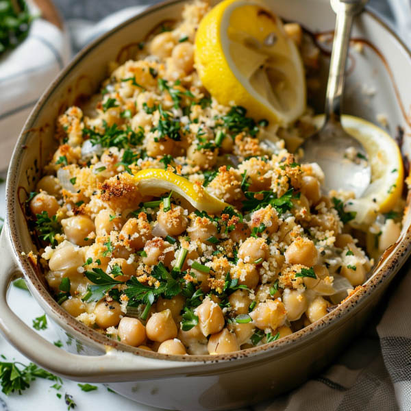 Hearty chickpea casserole with fresh herbs, lemon slices, and a light golden baked topping.