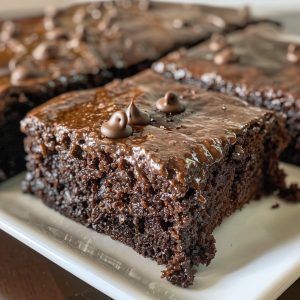 Moist chocolate zucchini cake with a rich crumb, topped with chocolate frosting and sliced to show texture.