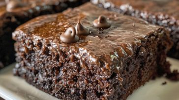 Moist chocolate zucchini cake with a rich crumb, topped with chocolate frosting and sliced to show texture.