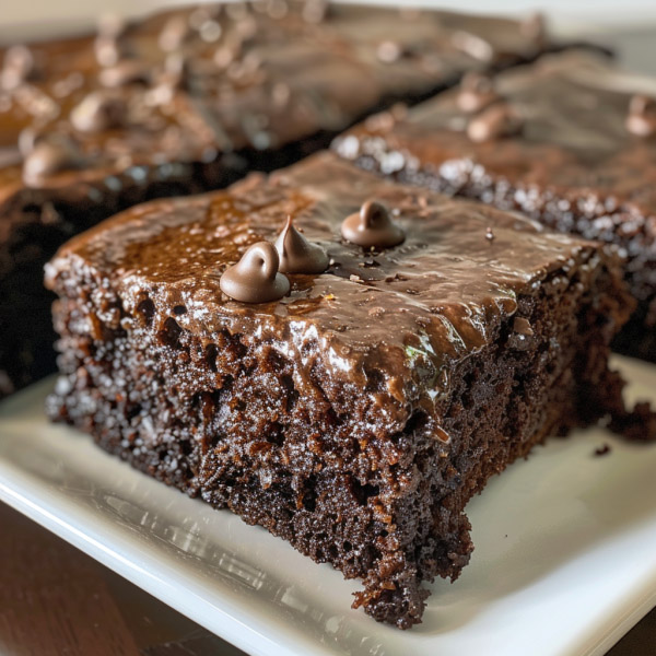 Moist chocolate zucchini cake with a rich crumb, topped with chocolate frosting and sliced to show texture.