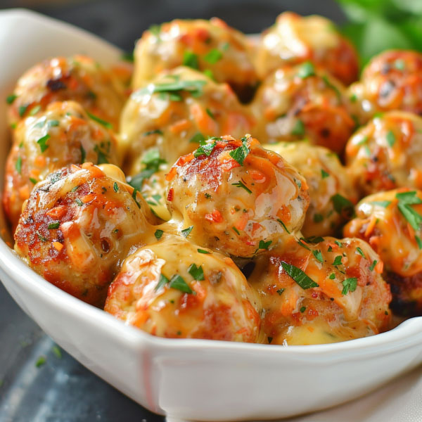 Cheesy chicken meatballs baked until golden, with melted cheese inside and herbs on top.