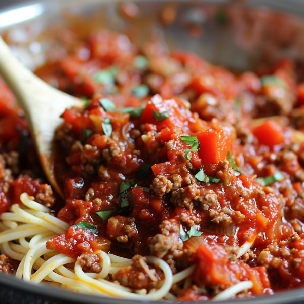 Spaghetti topped with rich meat sauce, hearty and flavorful.